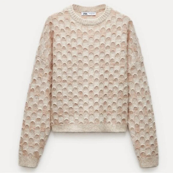 ZARA WOOL AND ALPACA BLEND KNIT SWEATER WITH LAYERED PRINT S Cream - Picture 3 of 10